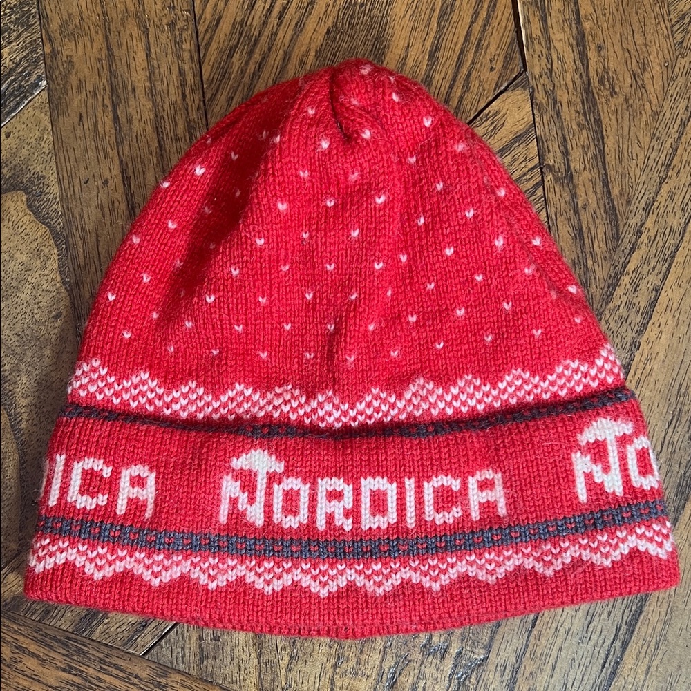 Vintage Stowe Woolens, 100% Wool Red and White Nordica Ski Beanie, Made in USA